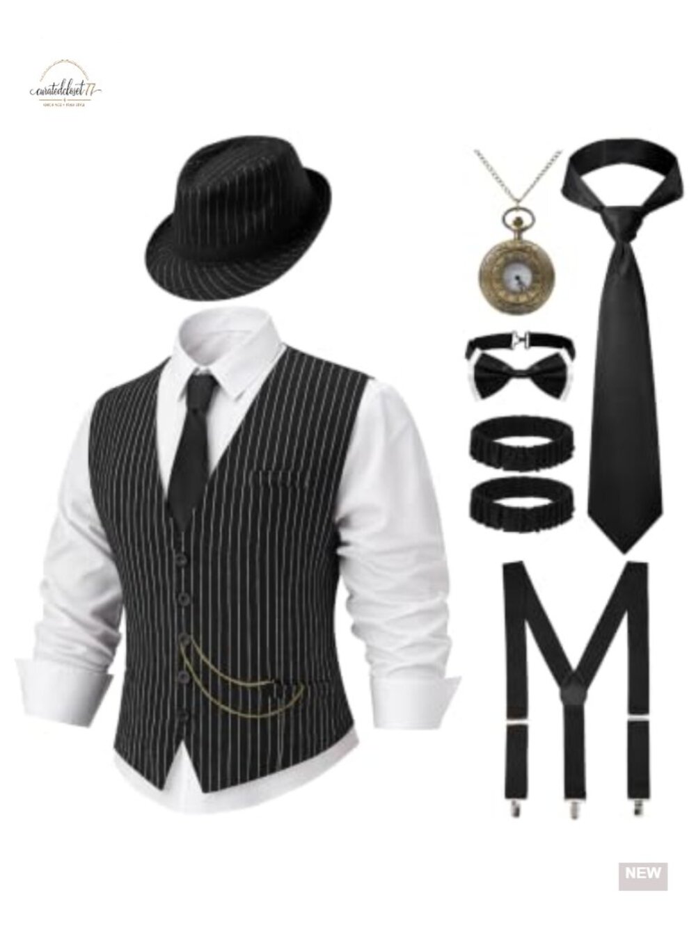 Men's Halloween Mobster Costume Set Pinstripe Vest Hat 1920s Roaring 20s Gatsby